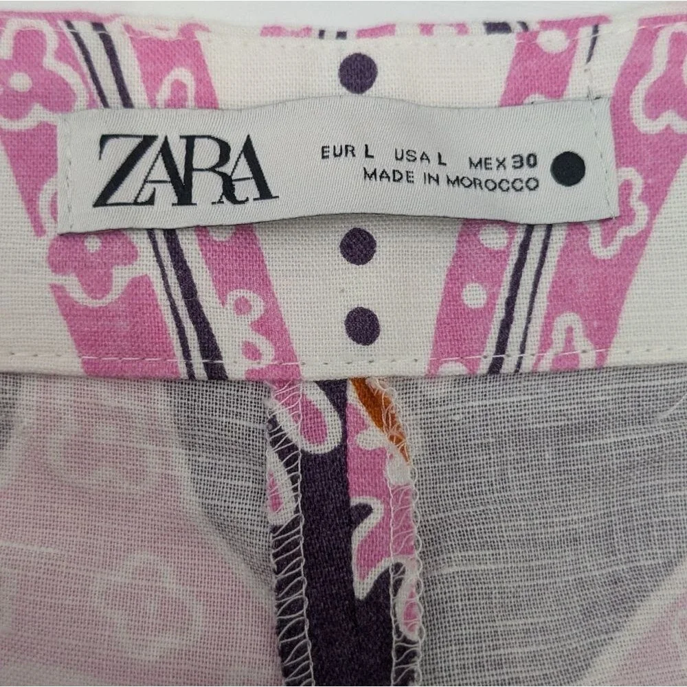 Zara Linen Blend Multicolor Wide Leg Long Pants High Rise 70s Hippie Boho Tall L